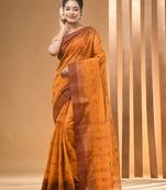 Fire Yellow Pure Cotton Tant Saree With Woven Designs Without Blouse