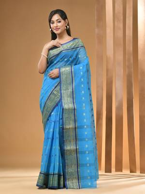Sapphire Blue Pure Cotton Tant Saree With Woven Designs Without Blouse 1