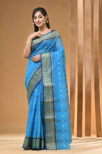 Sapphire Blue Pure Cotton Tant Saree With Woven Designs Without Blouse