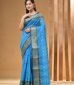 Sapphire Blue Pure Cotton Tant Saree With Woven Designs Without Blouse