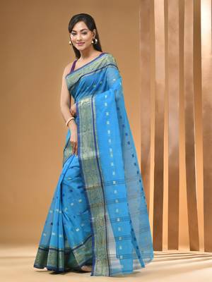 Sapphire Blue Pure Cotton Tant Saree With Woven Designs Without Blouse 2