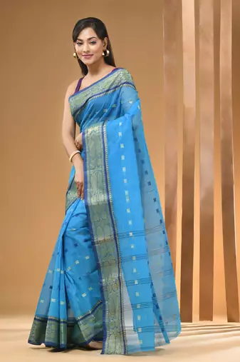 Sapphire Blue Pure Cotton Tant Saree With Woven Designs Without Blouse
