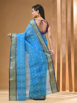 Sapphire Blue Pure Cotton Tant Saree With Woven Designs Without Blouse 3