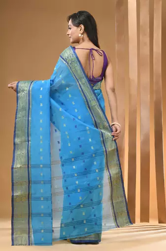 Sapphire Blue Pure Cotton Tant Saree With Woven Designs Without Blouse