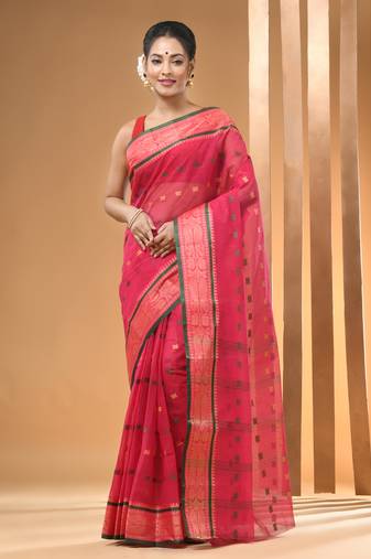 Fuchsia Pure Cotton Tant Saree With Woven Designs Without Blouse