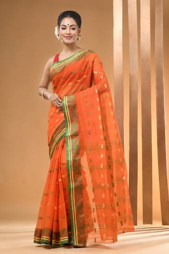 Orange Pure Cotton Tant Saree With Woven Designs Without Blouse