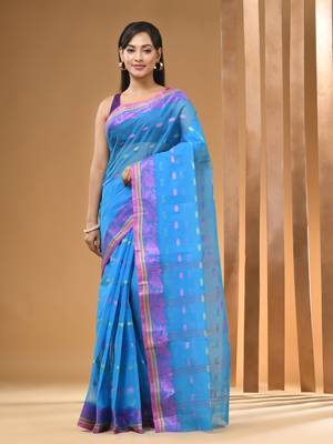 Sky Blue Pure Cotton Tant Saree With Woven Designs Without Blouse 1