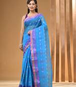 Sky Blue Pure Cotton Tant Saree With Woven Designs Without Blouse