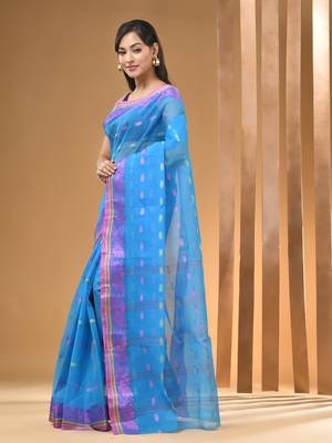 Sky Blue Pure Cotton Tant Saree With Woven Designs Without Blouse 2