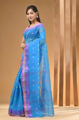 Sky Blue Pure Cotton Tant Saree With Woven Designs Without Blouse