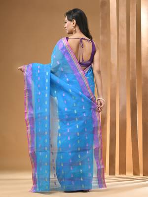 Sky Blue Pure Cotton Tant Saree With Woven Designs Without Blouse 3
