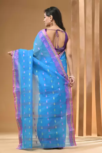 Sky Blue Pure Cotton Tant Saree With Woven Designs Without Blouse