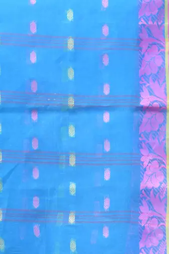 Sky Blue Pure Cotton Tant Saree With Woven Designs Without Blouse