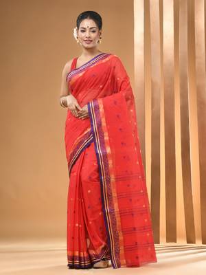 Red Pure Cotton Tant Saree With Woven Designs Without Blouse 1