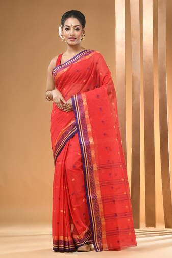 Red Pure Cotton Tant Saree With Woven Designs Without Blouse