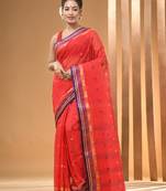 Red Pure Cotton Tant Saree With Woven Designs Without Blouse