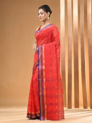 Red Pure Cotton Tant Saree With Woven Designs Without Blouse 2