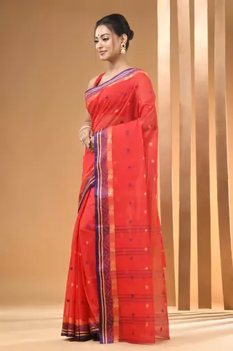 Red Pure Cotton Tant Saree With Woven Designs Without Blouse