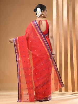 Red Pure Cotton Tant Saree With Woven Designs Without Blouse 3