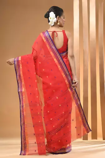 Red Pure Cotton Tant Saree With Woven Designs Without Blouse