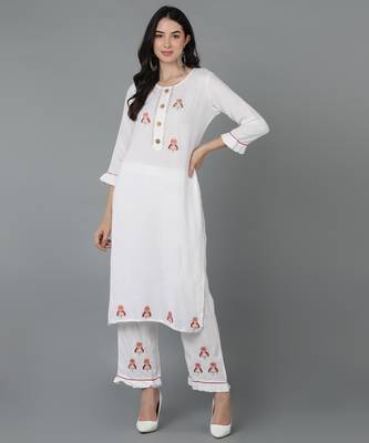 Vahson women cotton rayon kurta pant set white 1