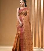 Dark beige pure cotton tant saree with woven designs