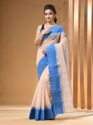 Cream Pure Cotton Tant Saree With Woven Designs Without Blouse 1