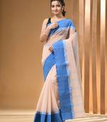 Cream Pure Cotton Tant Saree With Woven Designs Without Blouse