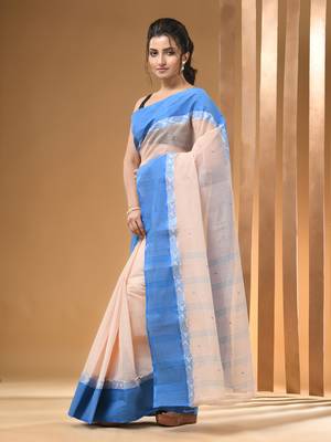 Cream Pure Cotton Tant Saree With Woven Designs Without Blouse 2