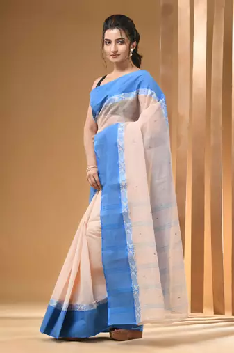 Cream Pure Cotton Tant Saree With Woven Designs Without Blouse