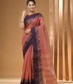 Blush red pure cotton tant saree with woven designs