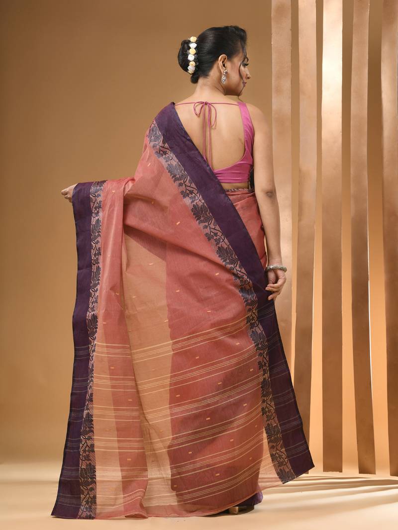 Blush red pure cotton tant saree with woven designs
