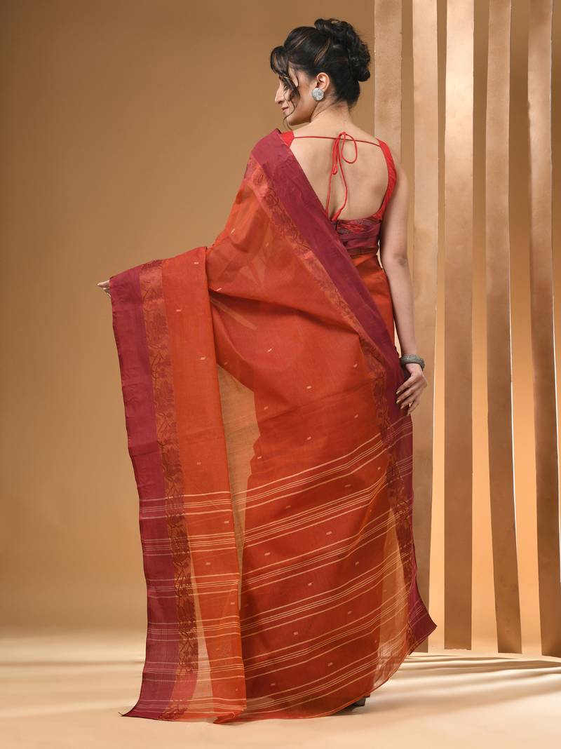 Rust pure cotton tant saree with woven designs