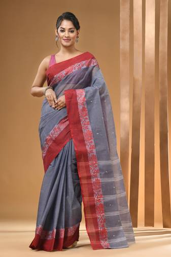Grey Pure Cotton Tant Saree With Woven Designs Without Blouse