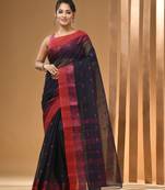 Navy blue pure cotton tant saree with woven designs