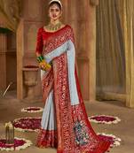 Grey Colour Premium Georgette Chikankari Lucknowi Embroidered Saree With Un-Stitched Blouse