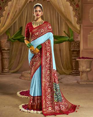 Sky Colour Premium Georgette Chikankari Lucknowi Embroidered Saree With Un-Stitched Blouse 1