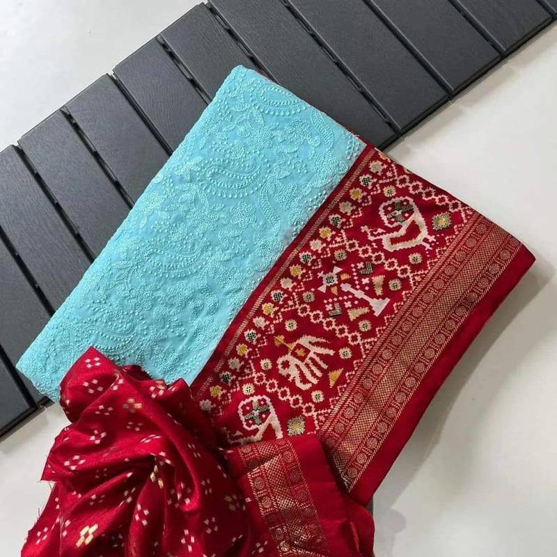 Sky Colour Premium Georgette Chikankari Lucknowi Embroidered Saree With Un-Stitched Blouse