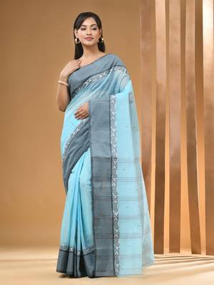 Baby Blue Pure Cotton Tant Saree With Woven Designs Without Blouse 1