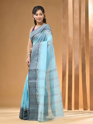 Baby Blue Pure Cotton Tant Saree With Woven Designs Without Blouse 2
