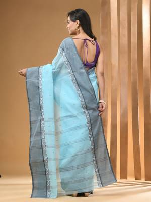 Baby Blue Pure Cotton Tant Saree With Woven Designs Without Blouse 3