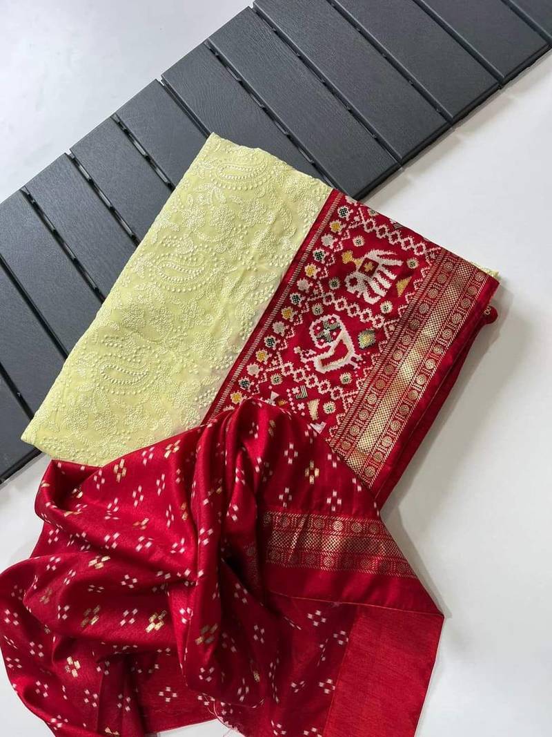 Lemon Colour Premium Georgette Chikankari Lucknowi Embroidered Saree With Un-Stitched Blouse