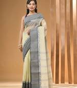 Cream Pure Cotton Tant Saree With Woven Designs Without Blouse