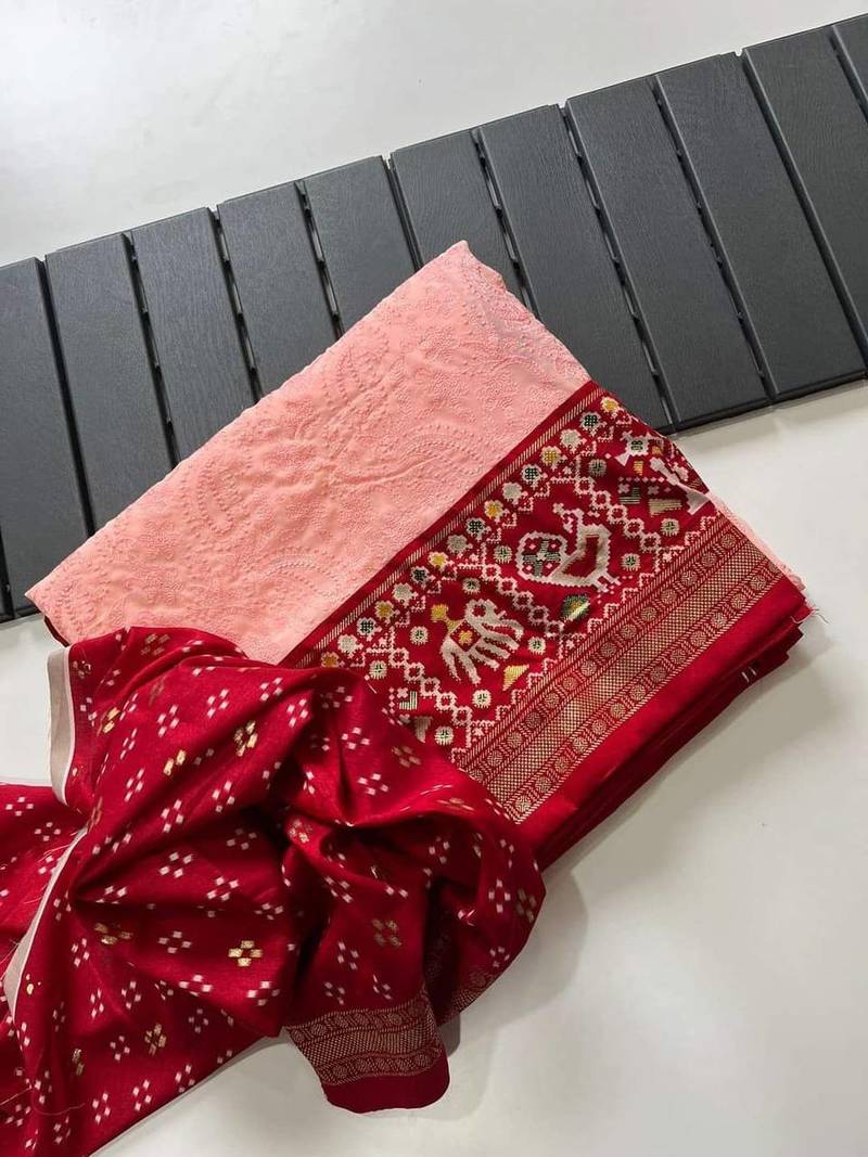 Peach Colour Premium Georgette Chikankari Lucknowi Embroidered Saree With Un-Stitched Blouse
