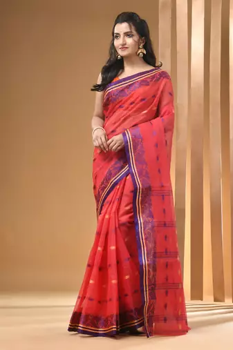 Pink Pure Cotton Tant Saree With Woven Designs Without Blouse