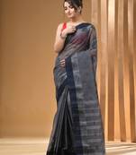 Grey Pure Cotton Tant Saree With Woven Designs Without Blouse