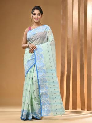 Mint Green Pure Cotton Tant Saree With Woven Designs Without Blouse 1