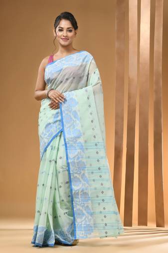 Mint Green Pure Cotton Tant Saree With Woven Designs Without Blouse