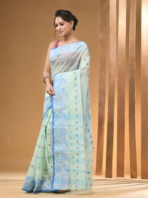 Mint Green Pure Cotton Tant Saree With Woven Designs Without Blouse 2
