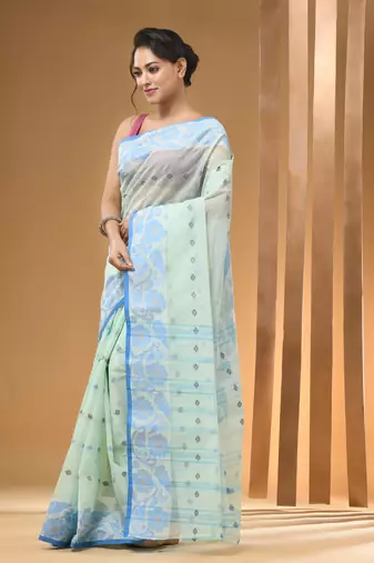 Mint Green Pure Cotton Tant Saree With Woven Designs Without Blouse